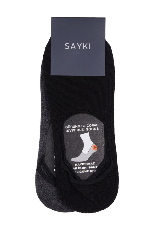 Black invisible socks with a gray label featuring an orange silicone grip detail and the brand name ’sayki’ at the top.