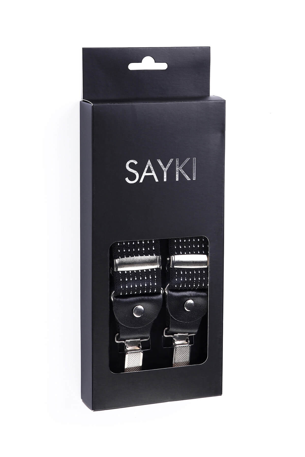 Black sayki suspenders with silver-toned metal clasps and adjustable straps.
