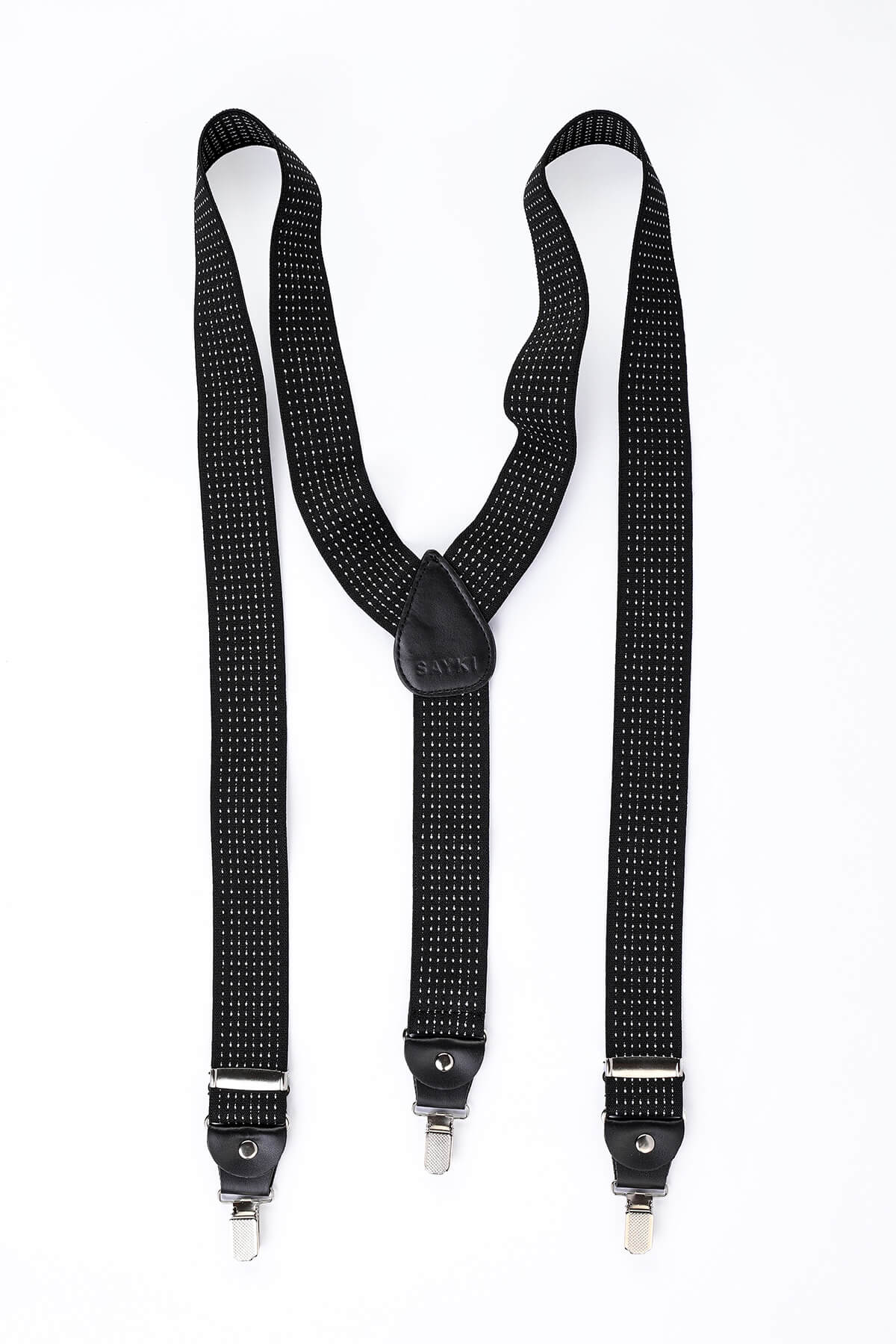 Black suspenders with a subtle dotted texture and silver-toned metal clasps.