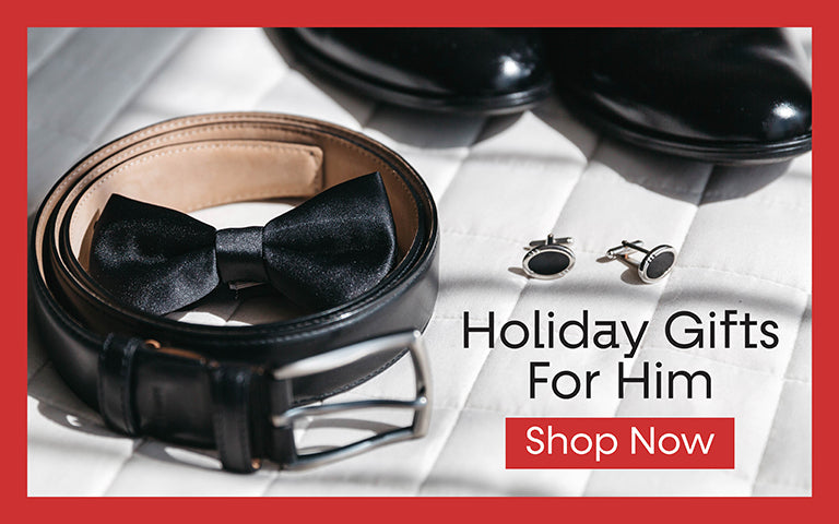 Black bow tie and cufflinks with text 'Holiday Gifts For Him' and 'Shop Now' on a white background.