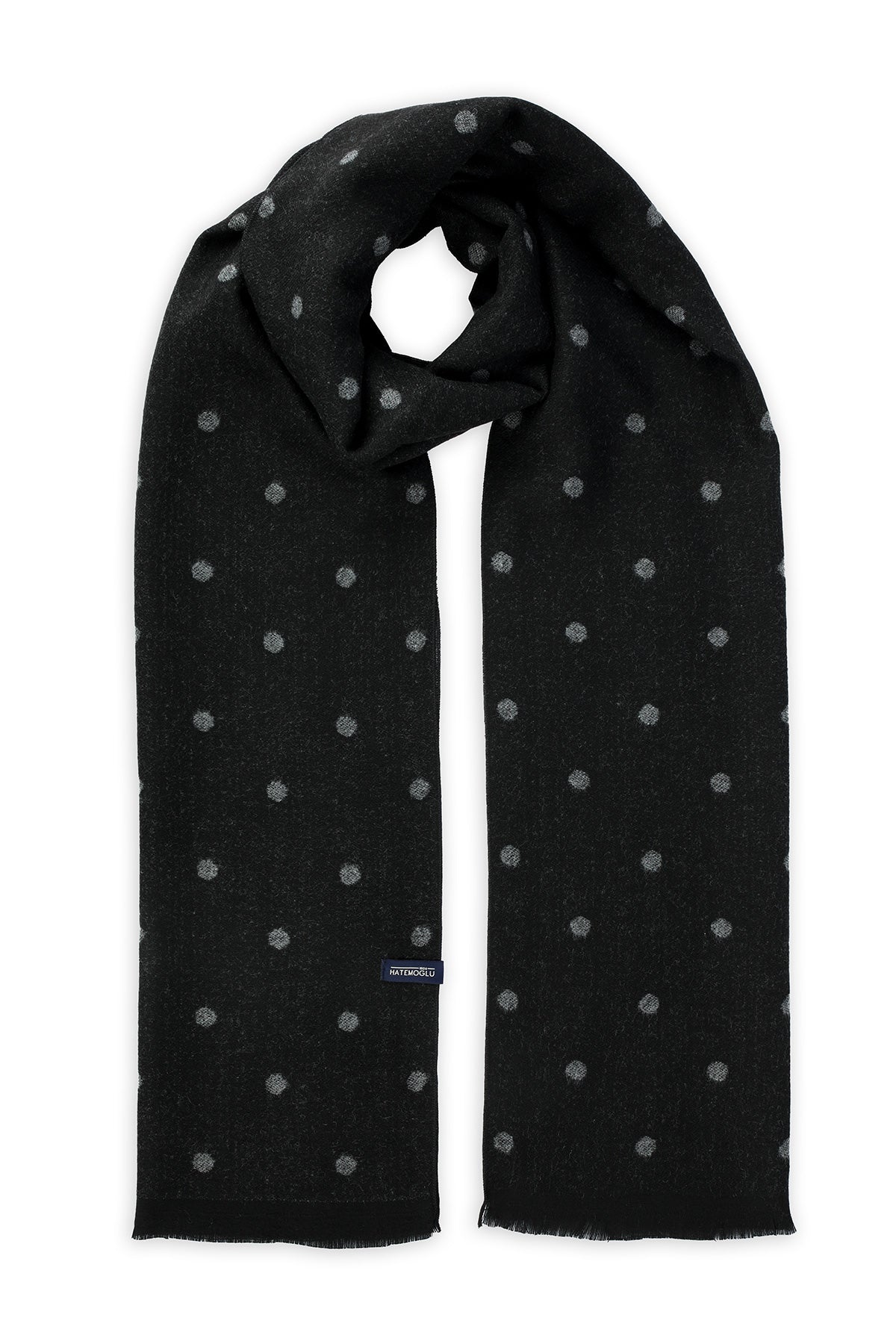Black scarf with subtle silver polka dots.