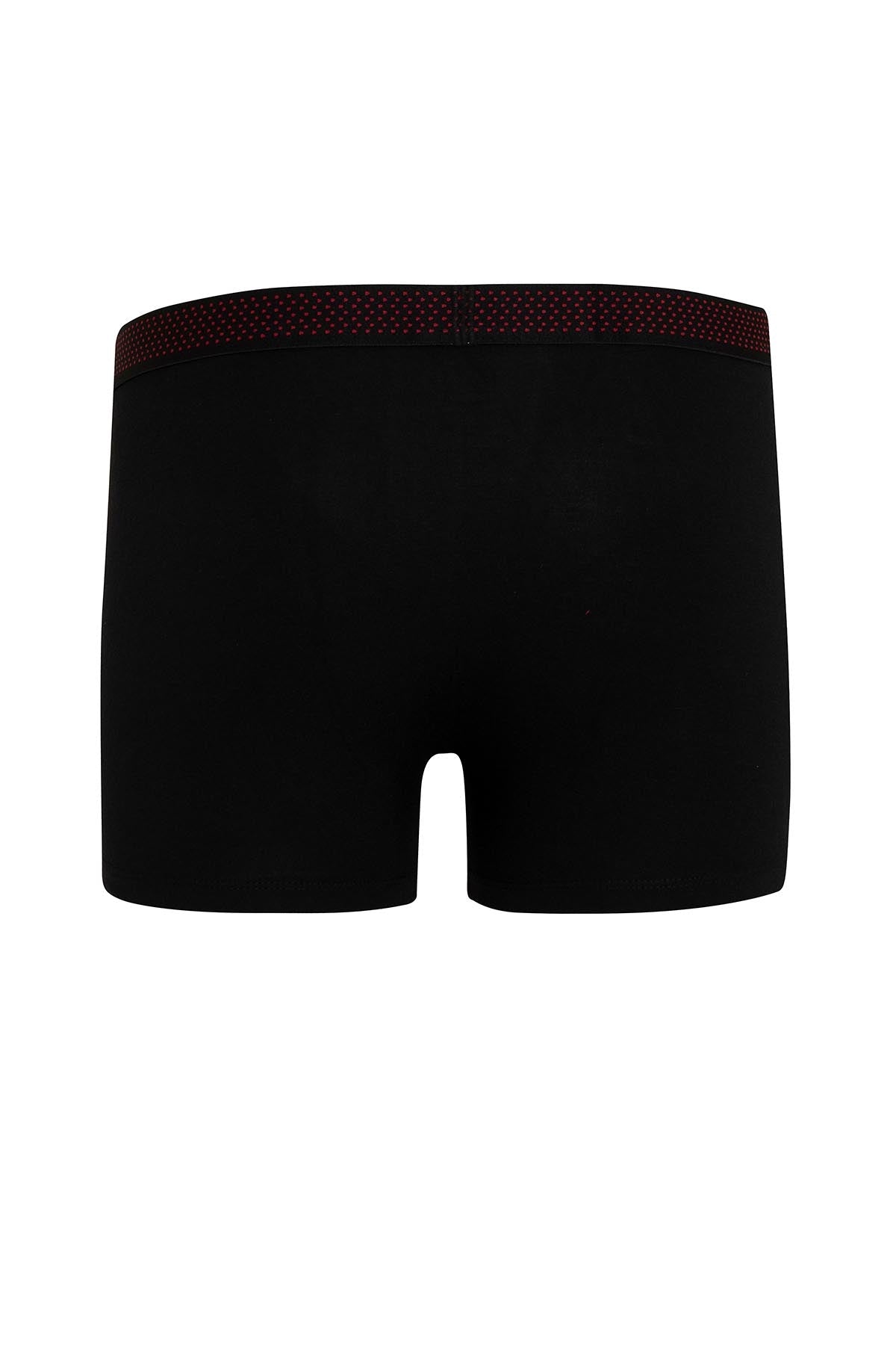 Black boxer briefs with a textured maroon waistband.
