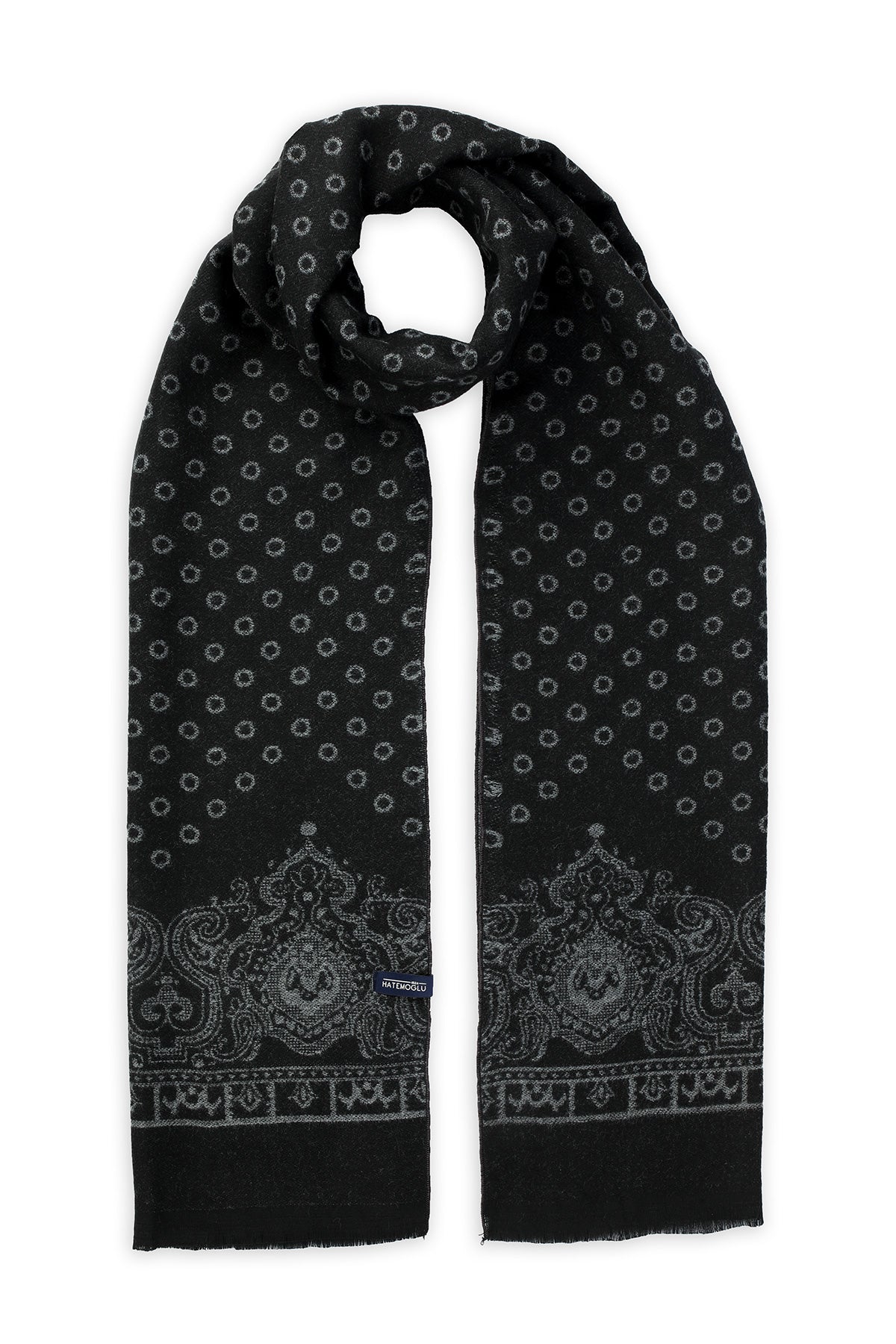 Black scarf with a subtle silver-toned paisley and dot pattern, featuring an ornate border design.