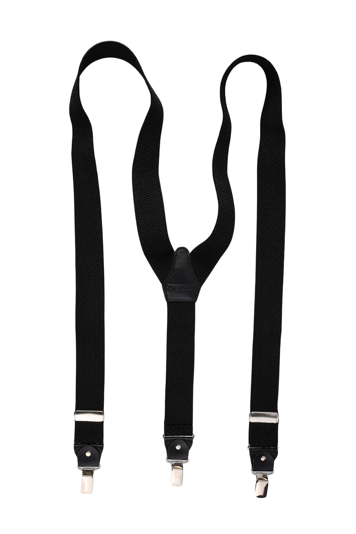 Black leather trim clip suspenders in black fabric with silver-toned metal clasps and a y-shaped connector