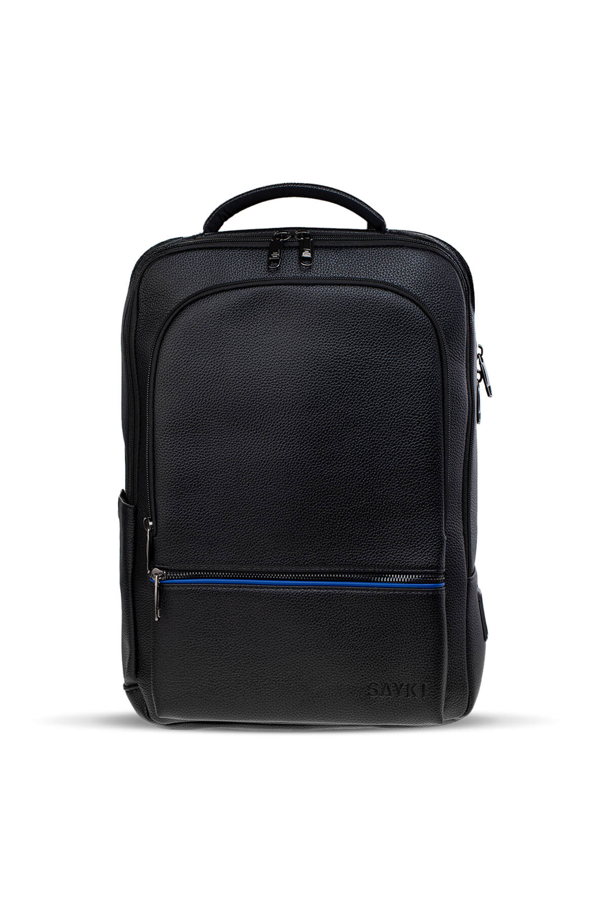 Black textured leather backpack with blue zipper accents and a top handle.