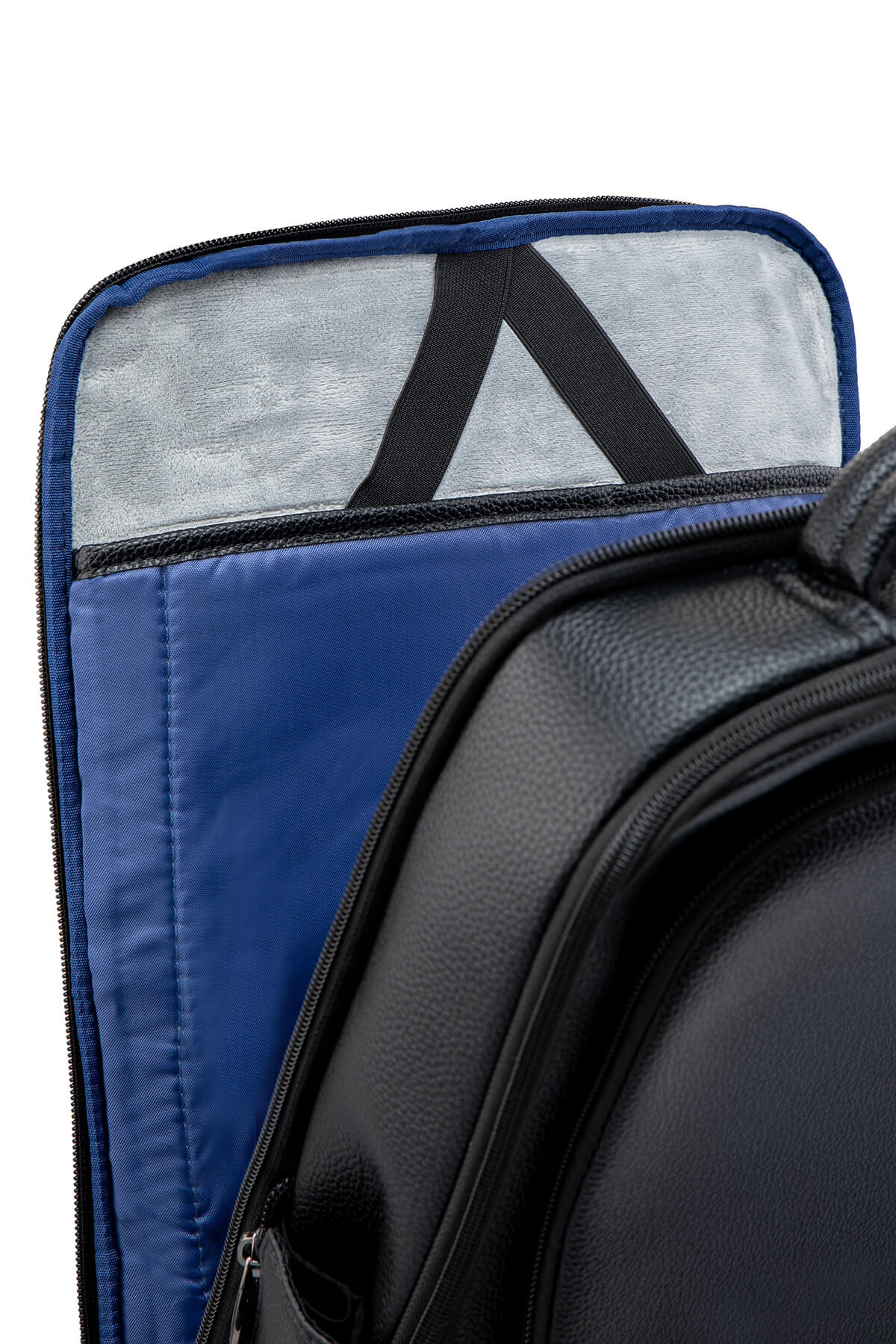 Black leather backpack with blue interior lining and a mesh pocket featuring black straps.