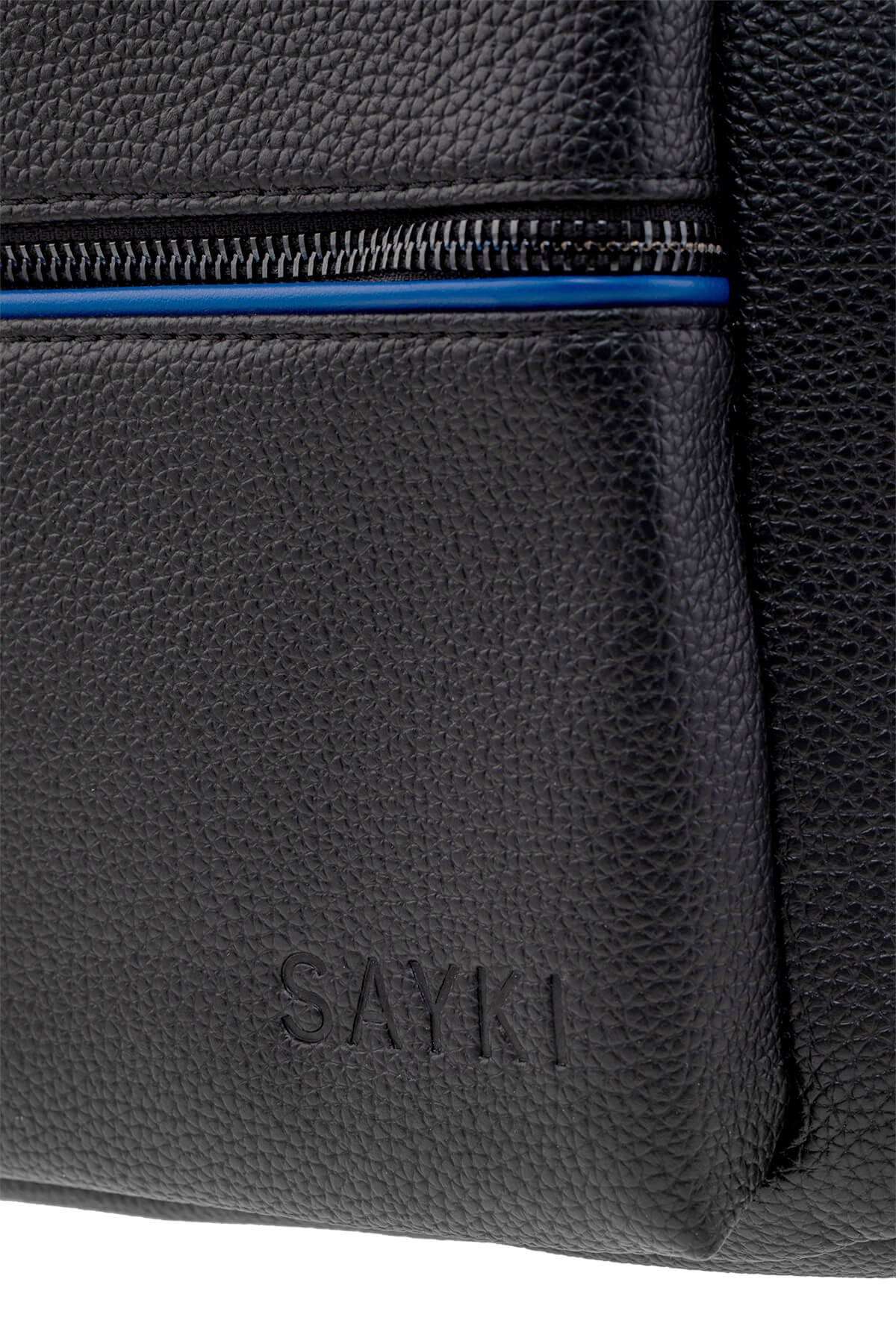 Black textured leather backpack with a blue zipper accent and embossed ’sayki’ branding.