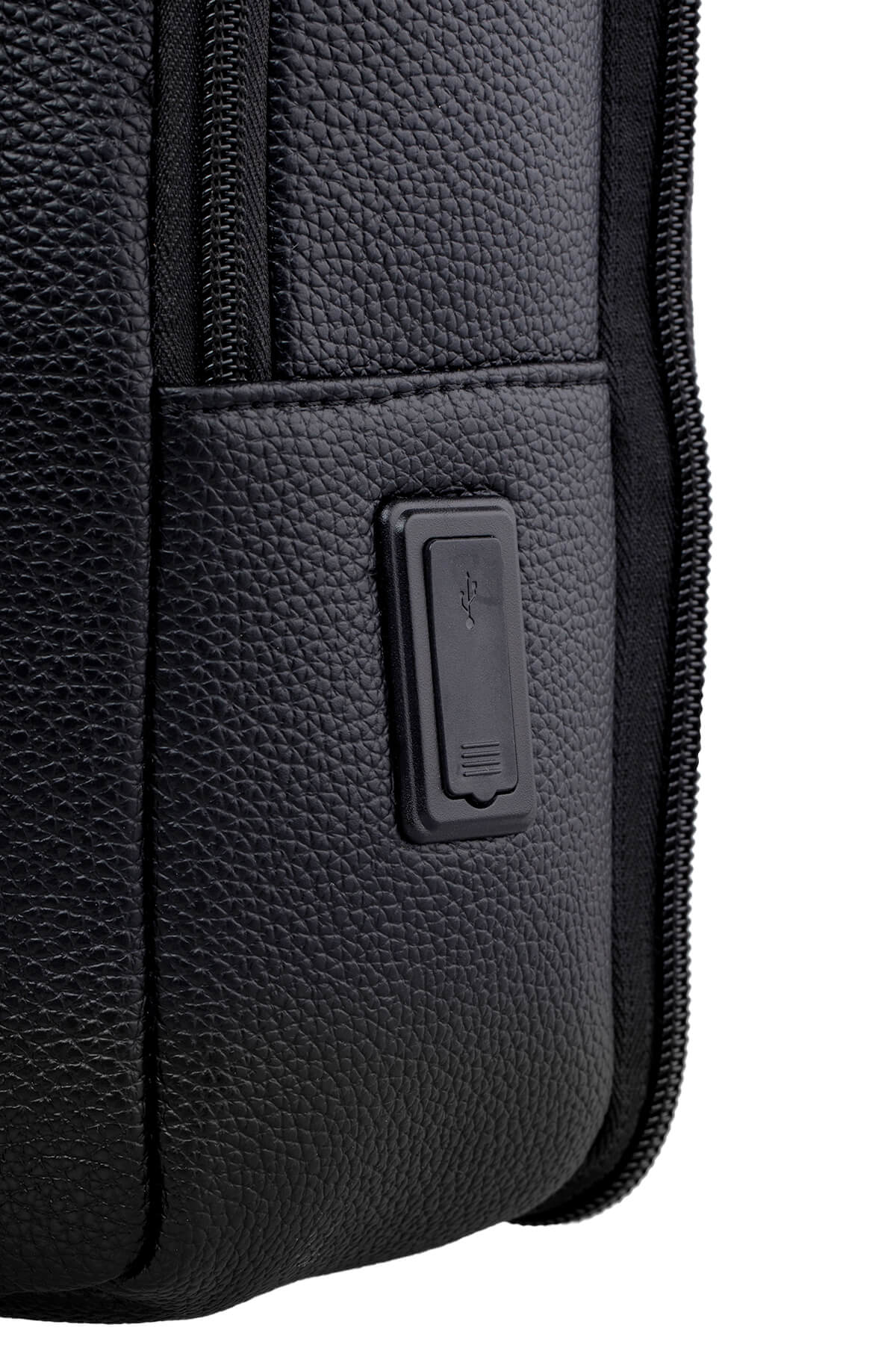 Black textured leather backpack with a built-in usb charging port.