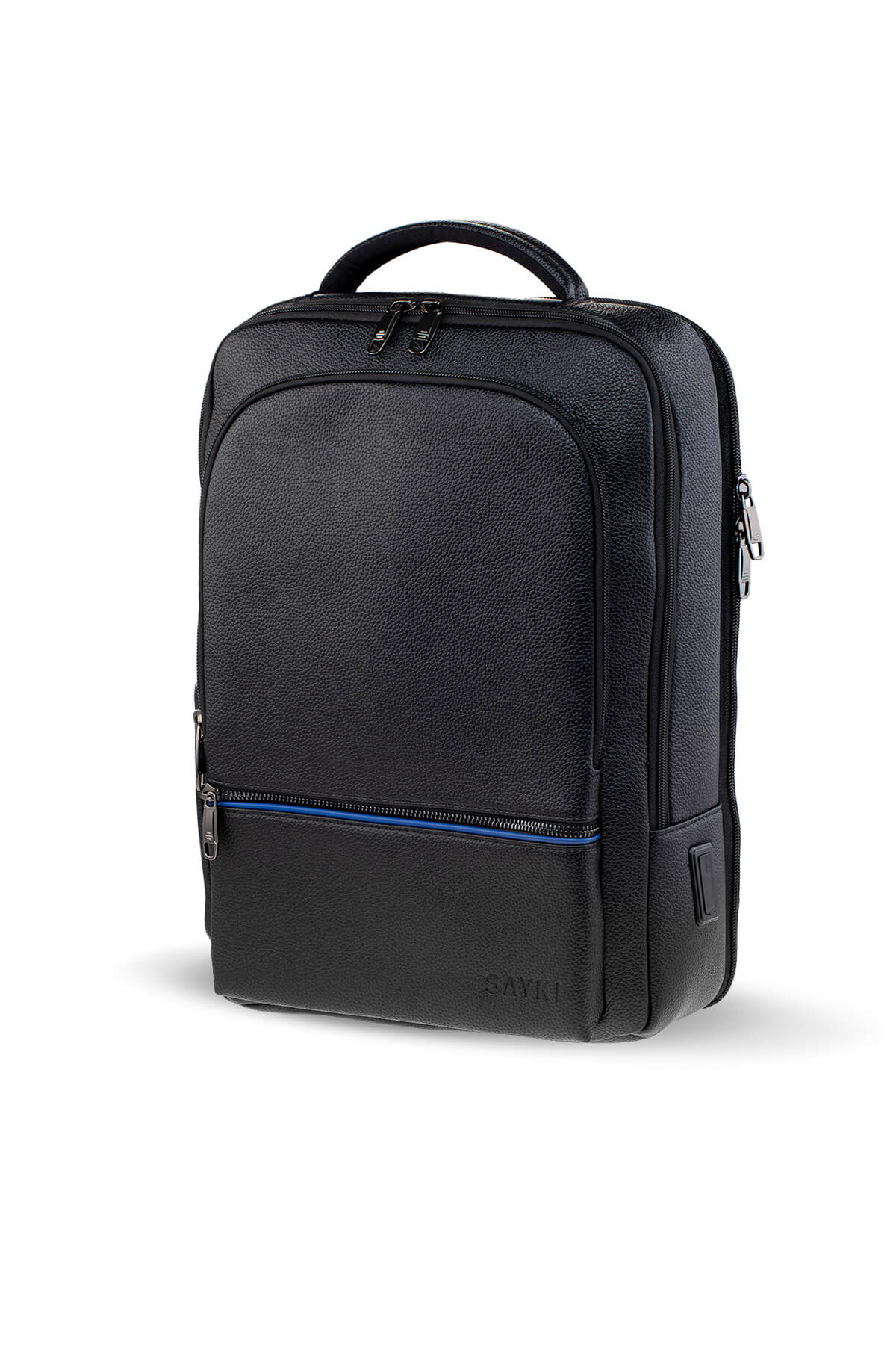 Black textured leather backpack with blue zipper accents and a top handle.