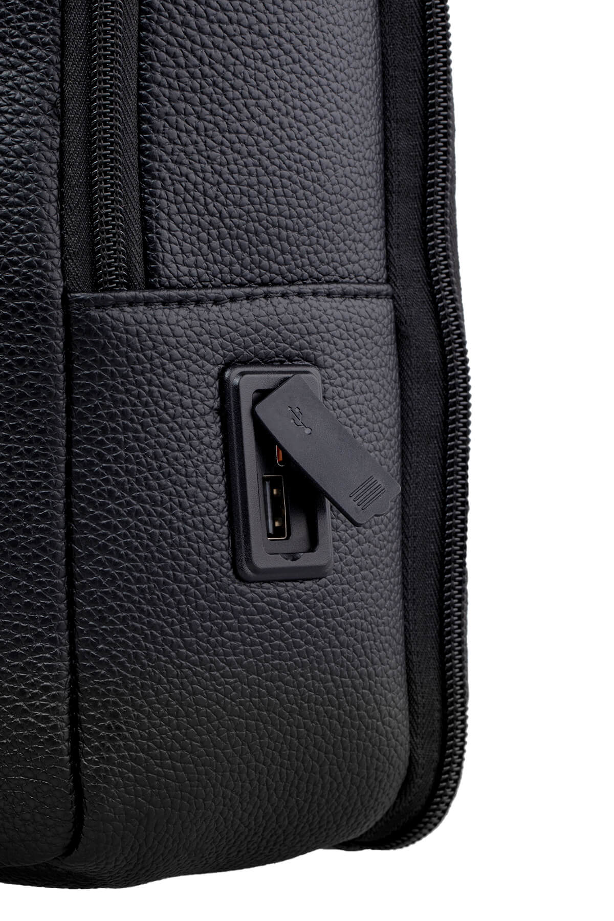Black textured leather backpack with a built-in usb charging port.