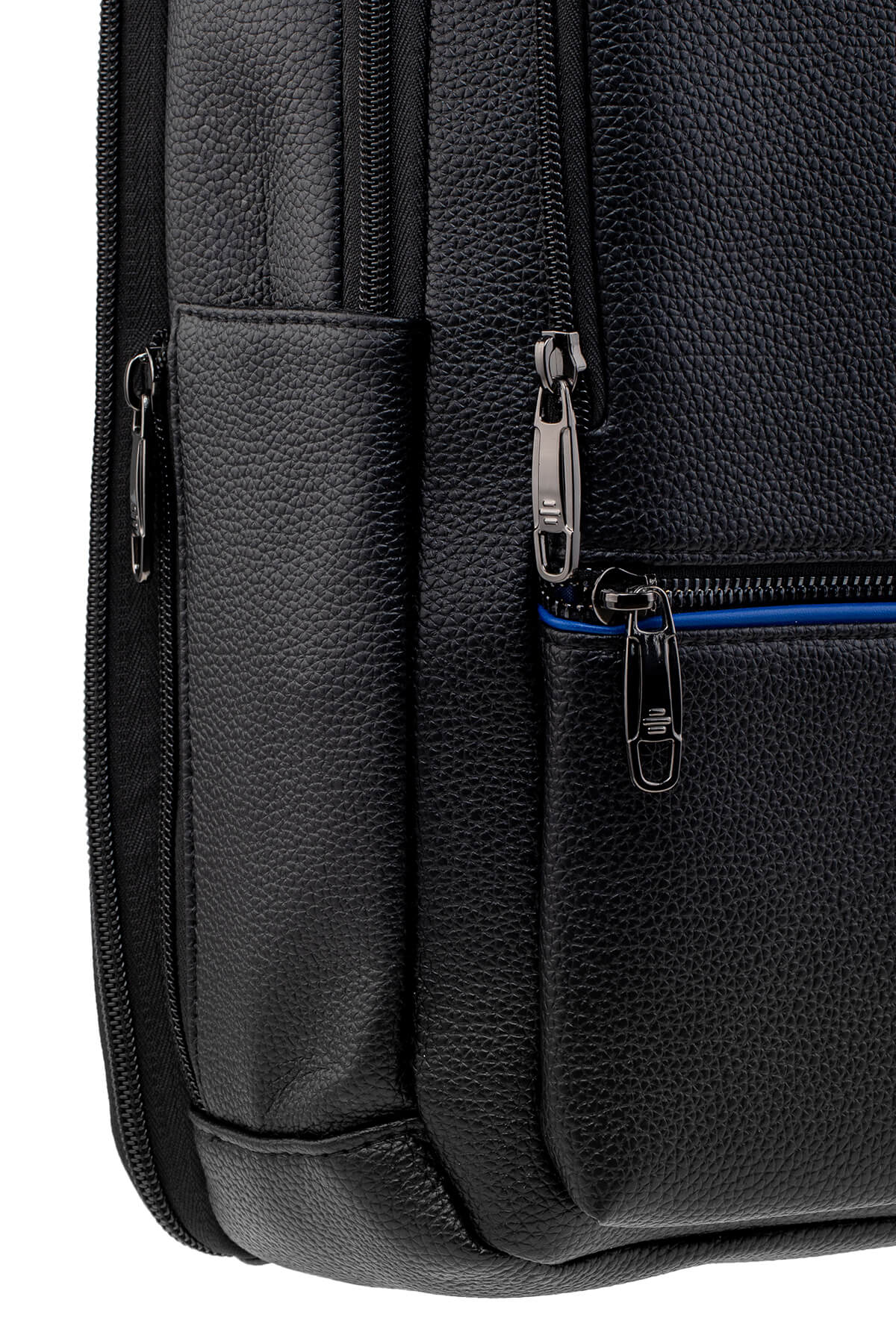 Black textured leather backpack with silver zippers and a blue zipper lining.