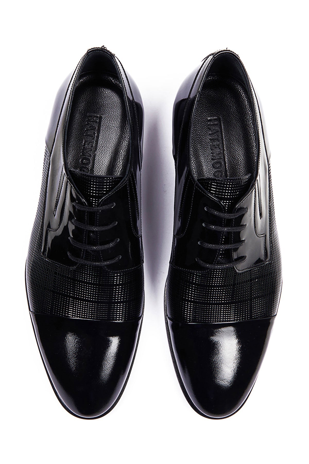 Black Patent Leather Lace-Up Patterned Tuxedo Shoes - SAYKI