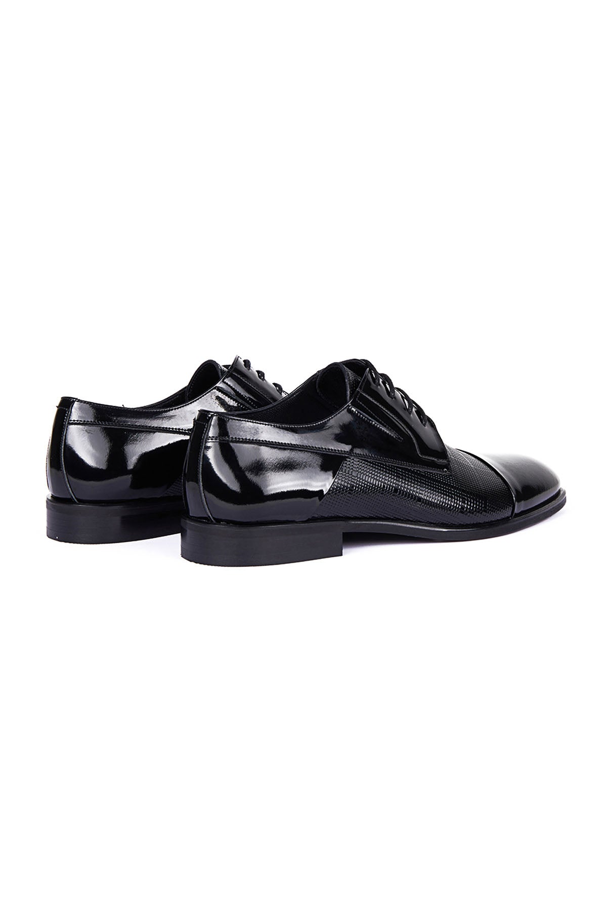 Black Patent Leather Lace-Up Patterned Tuxedo Shoes - SAYKI