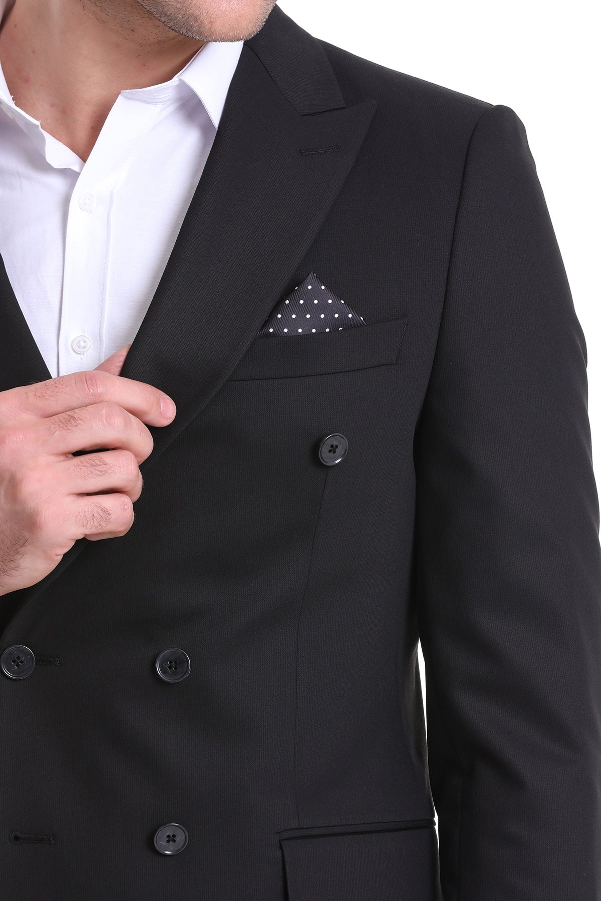 Black double-breasted suit jacket with matching buttons and a black polka dot pocket square for smart casual wear