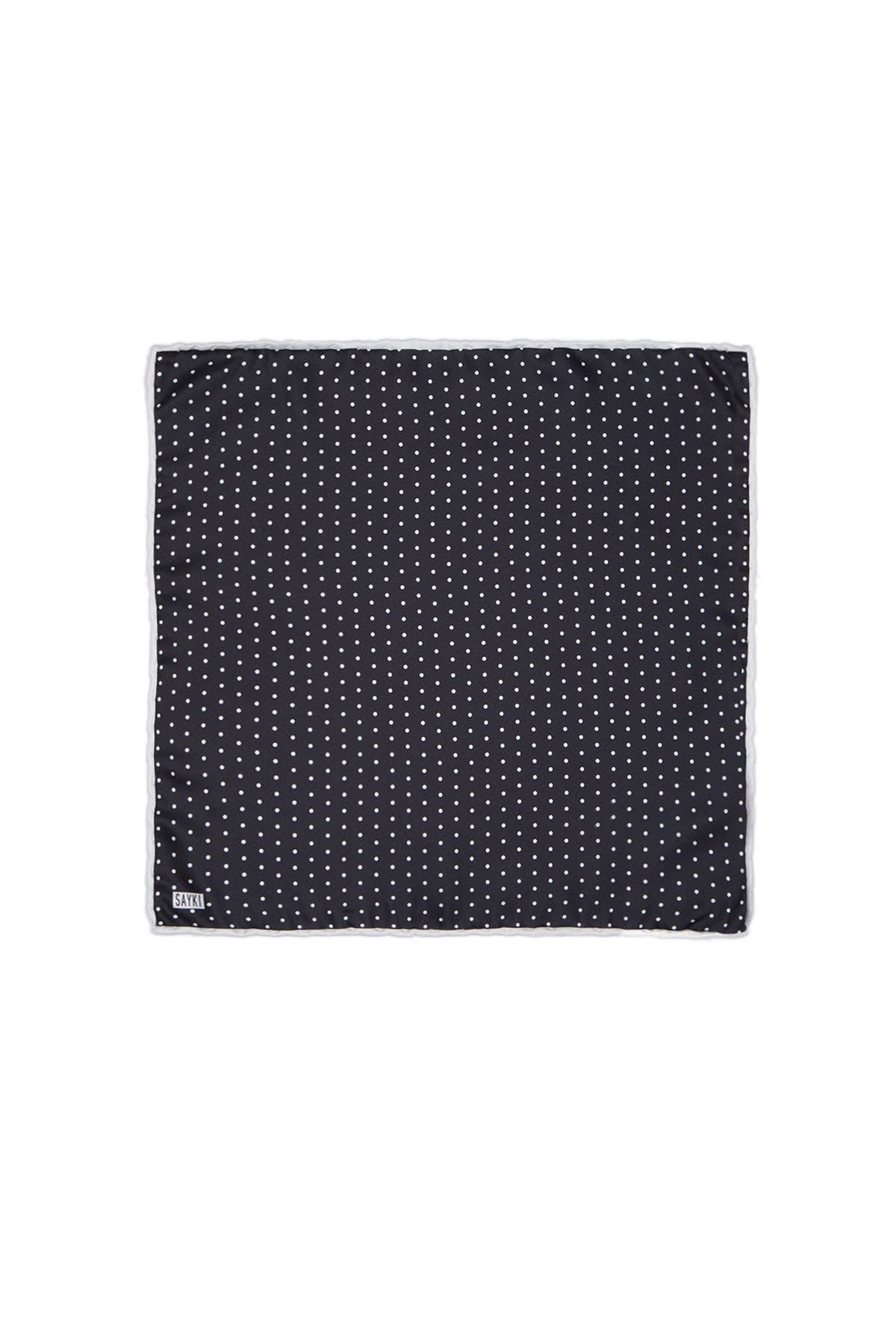 Black silk pocket square with subtle white polka dot pattern and neatly finished edges for smart casual wear