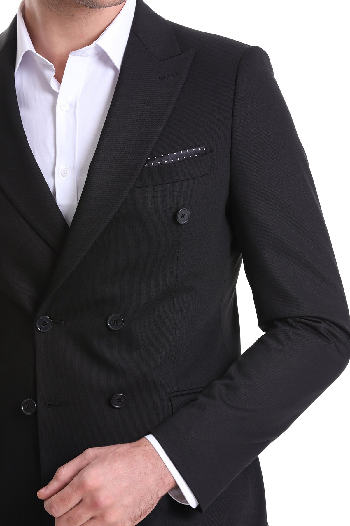 Black double-breasted suit jacket with subtle black polka dot pocket square and matching studded buttons for smart casual wear