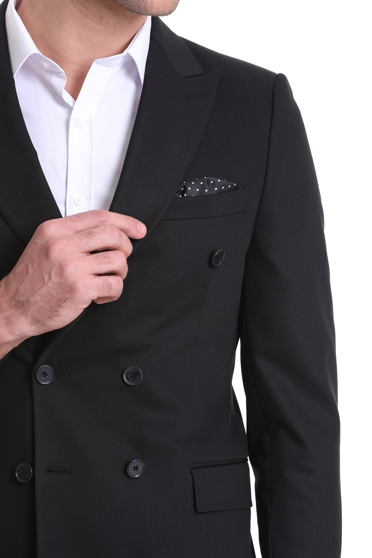 Black double-breasted suit jacket with polka dot pocket square and white shirt for smart casual wear