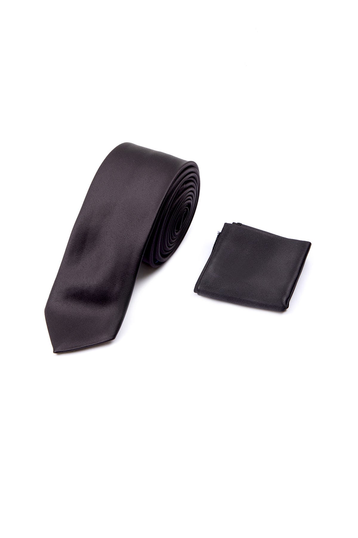 Black Sateen Tie & Pocket Square Set - SAYKI - 8682819122559