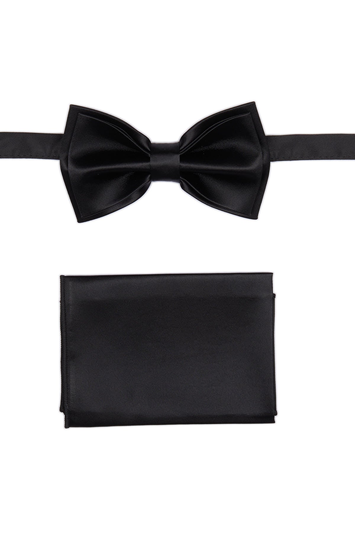 Black satin bow tie and matching pocket square set made of smooth satin for formal wear and special occasions