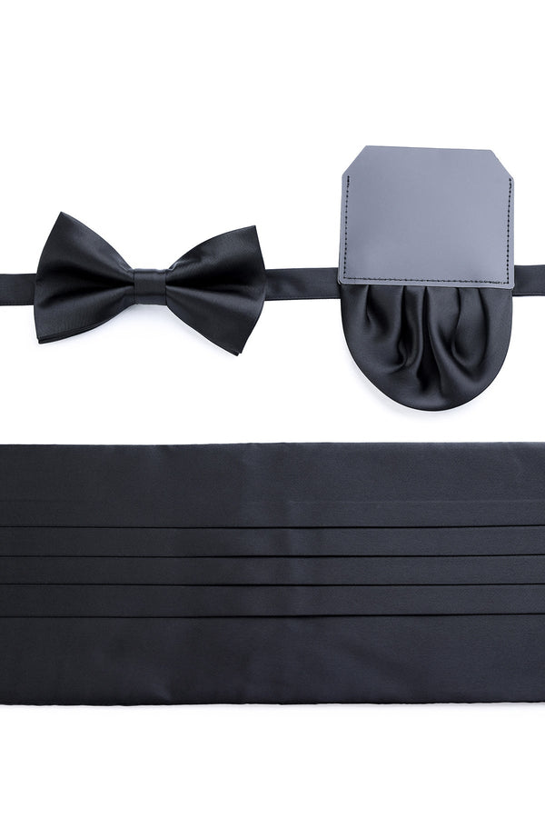 Black satin cummerbund bow tie and pocket square set made of smooth satin for formal occasions