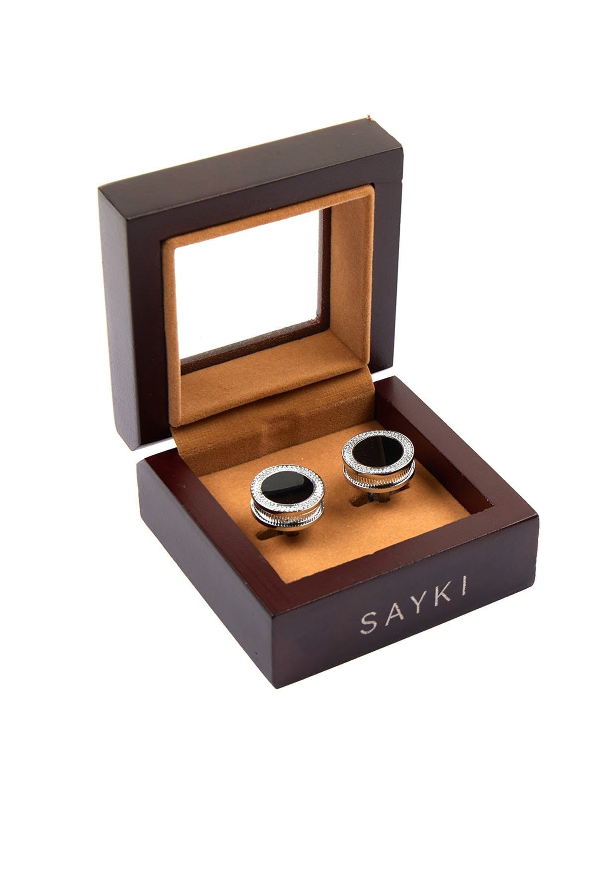 Black - Silver Toned Natural Stone Cufflinks - SAYKI