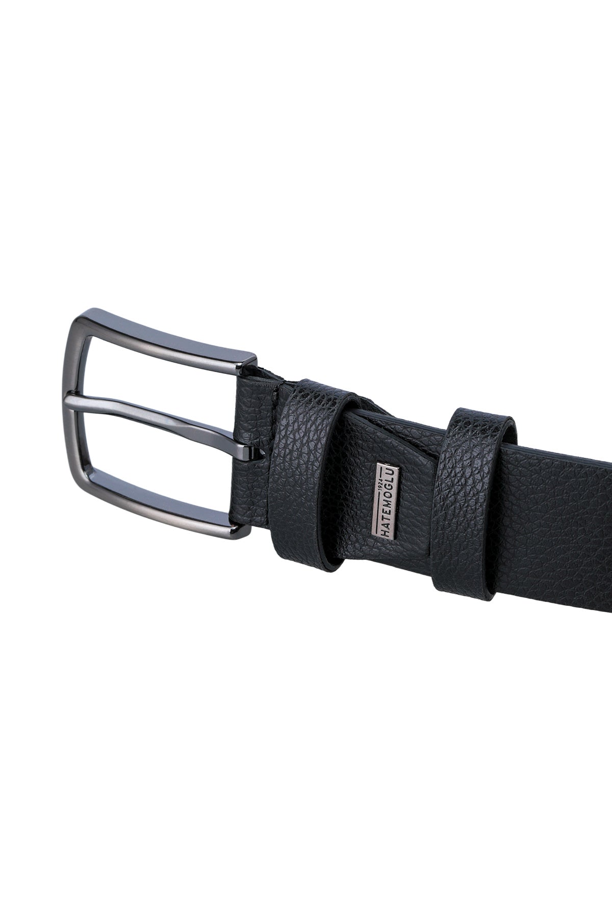 Black leather belt with a sleek silver-toned buckle and embossed brand tag.