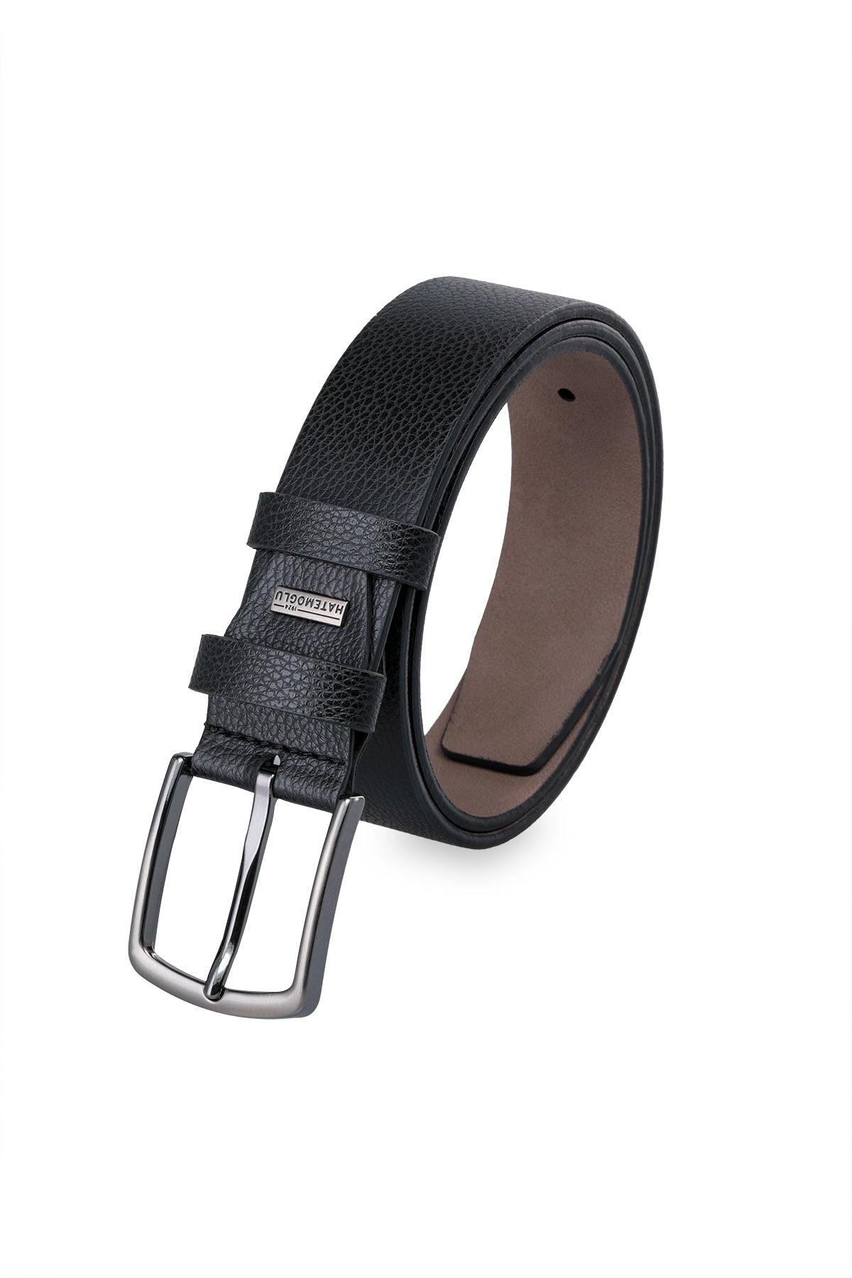 Black textured leather belt with a silver-toned buckle and brown inner lining.