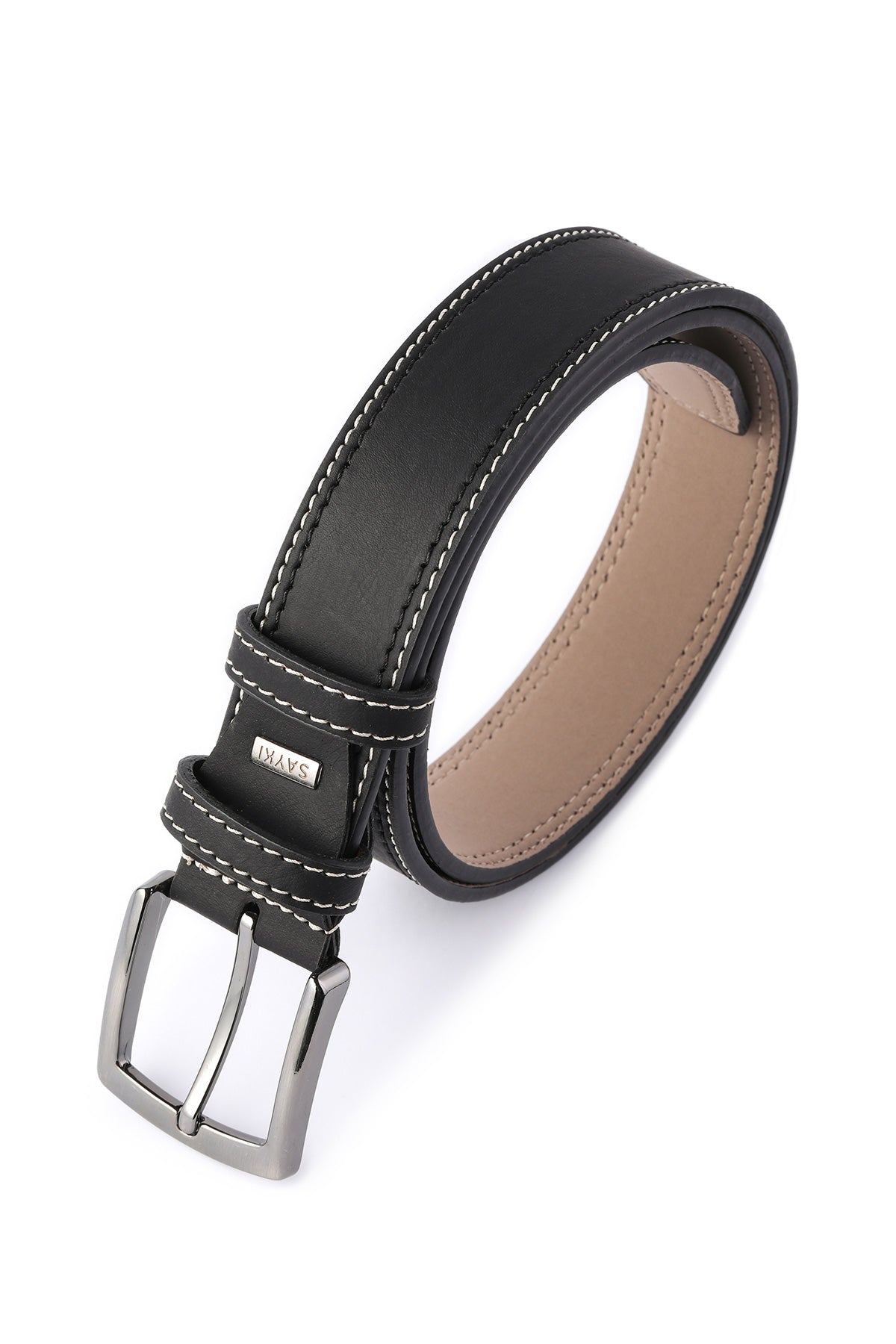 Black Sport Stitched Faux Leather Belt - SAYKI