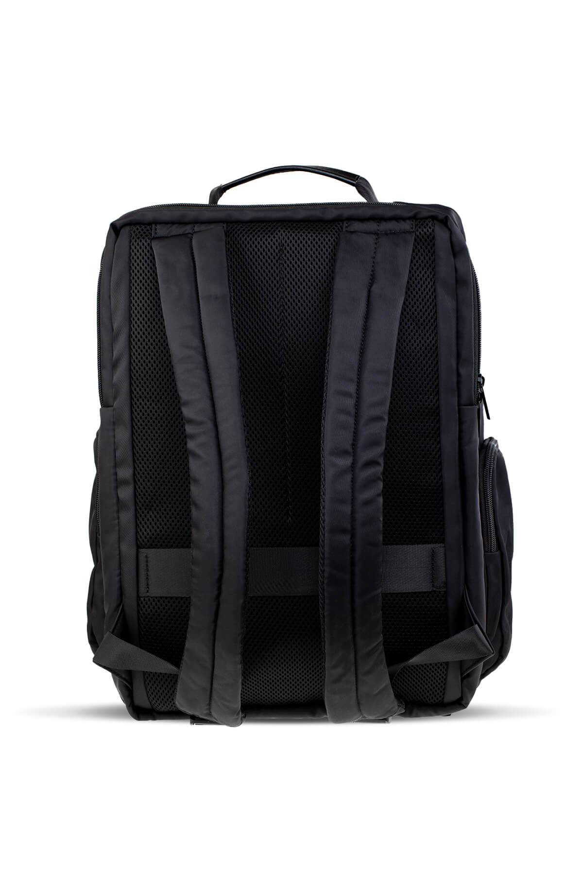 Black nylon backpack with mesh back panel and padded shoulder straps.