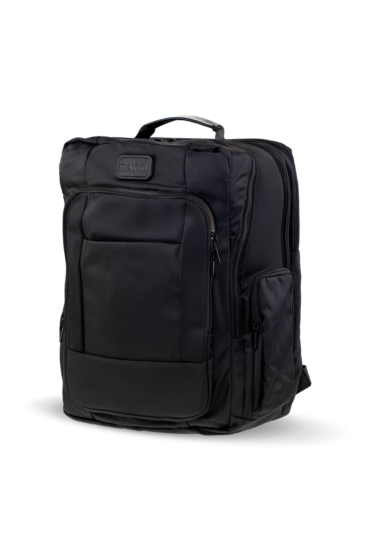 Black saw laptop backpack with multiple zippered compartments and a top handle.