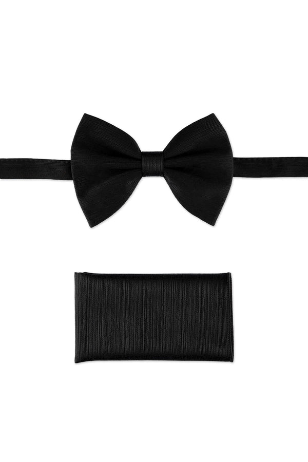 Black textured bow tie and pocket square set with sleek ribbed satin texture in classic black color