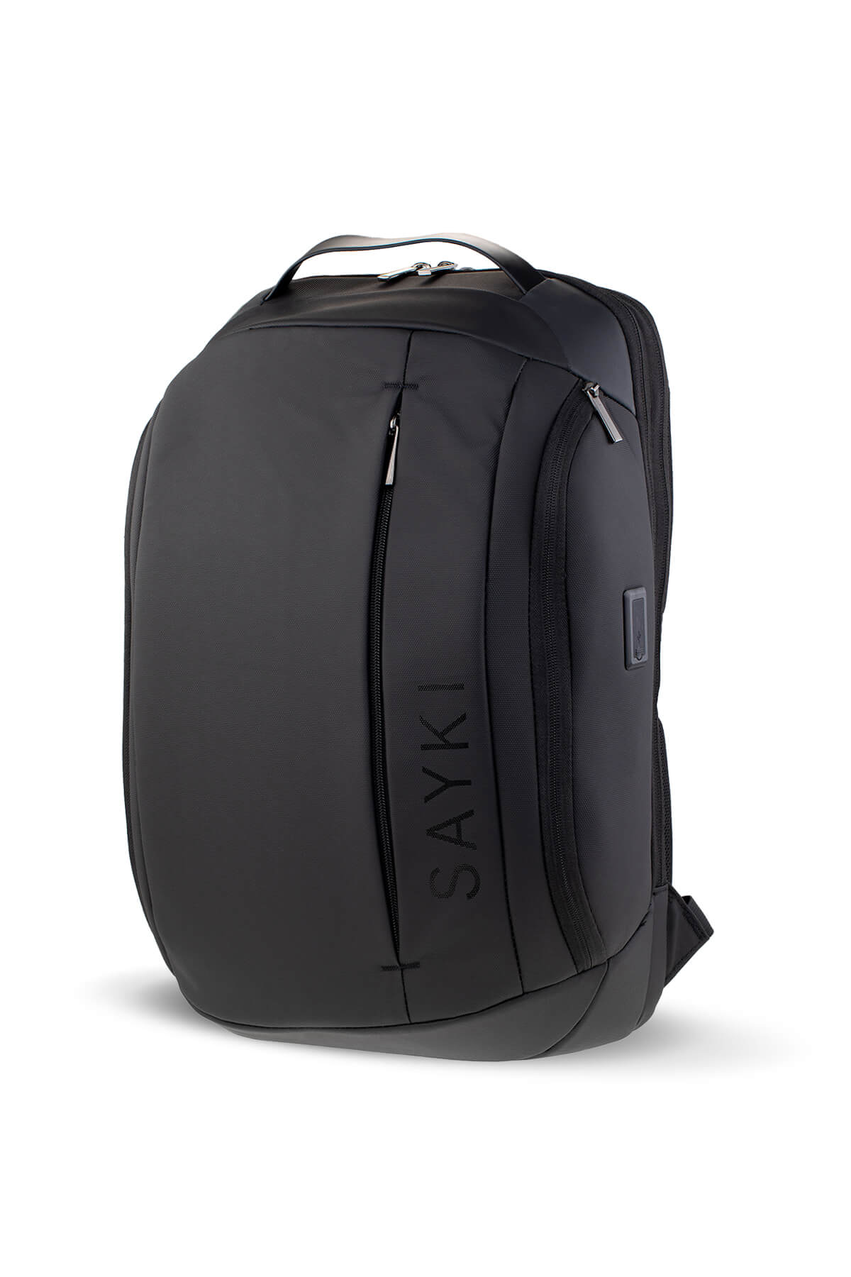 Black sayki backpack with sleek, modern design and subtle silver zippers.