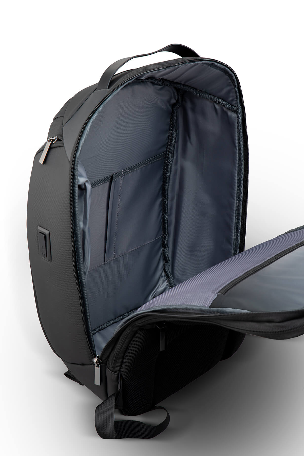 Black laptop backpack with a sleek, modern design and multiple internal compartments.