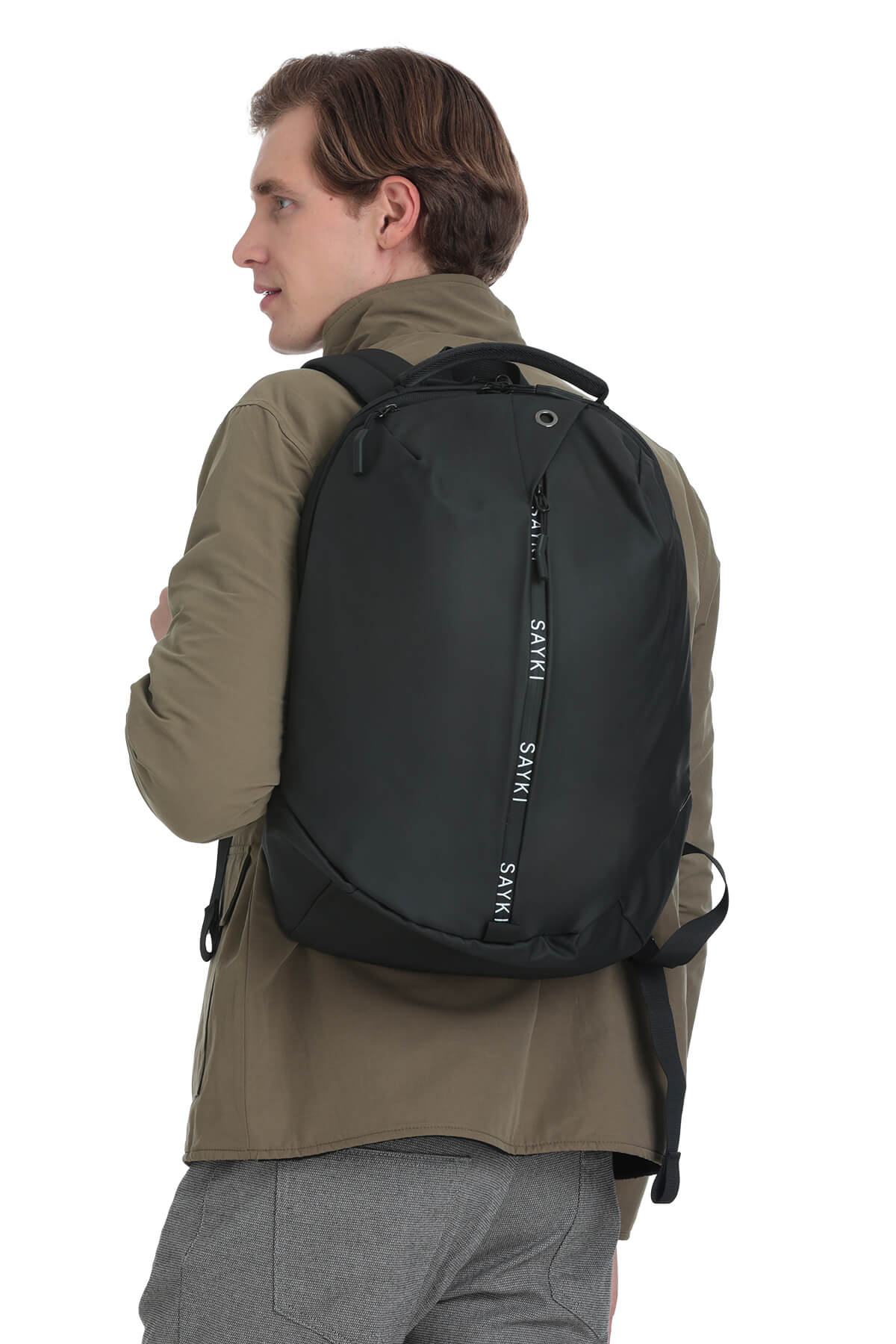 Black sakki backpack with a sleek, modern design and subtle white branding along the side zipper.