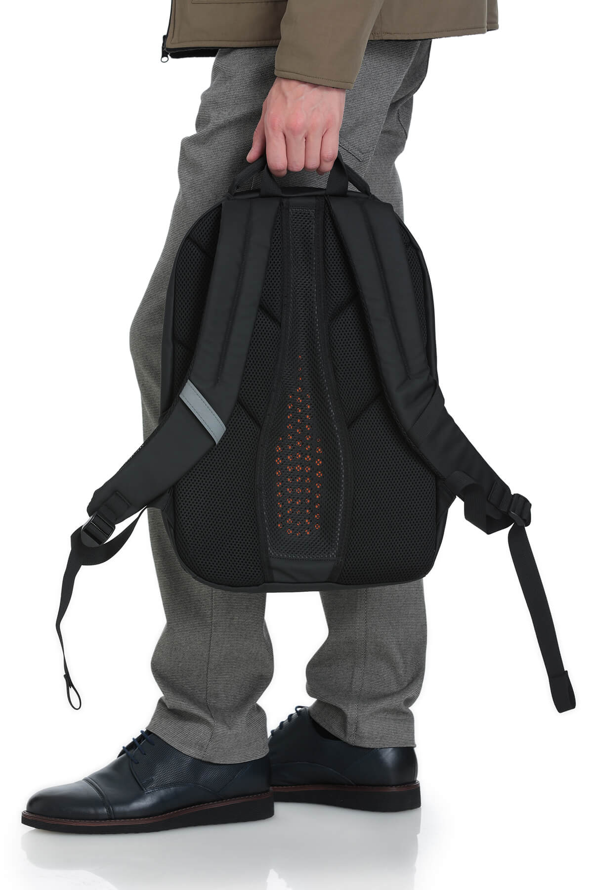 Black mesh backpack with reflective gray stripe and red dotted pattern on the back panel.