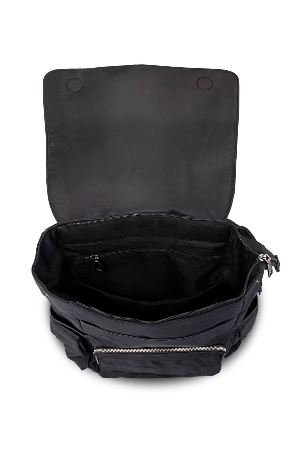 Black nylon messenger bag with a sleek, minimalist design and silver zippers.