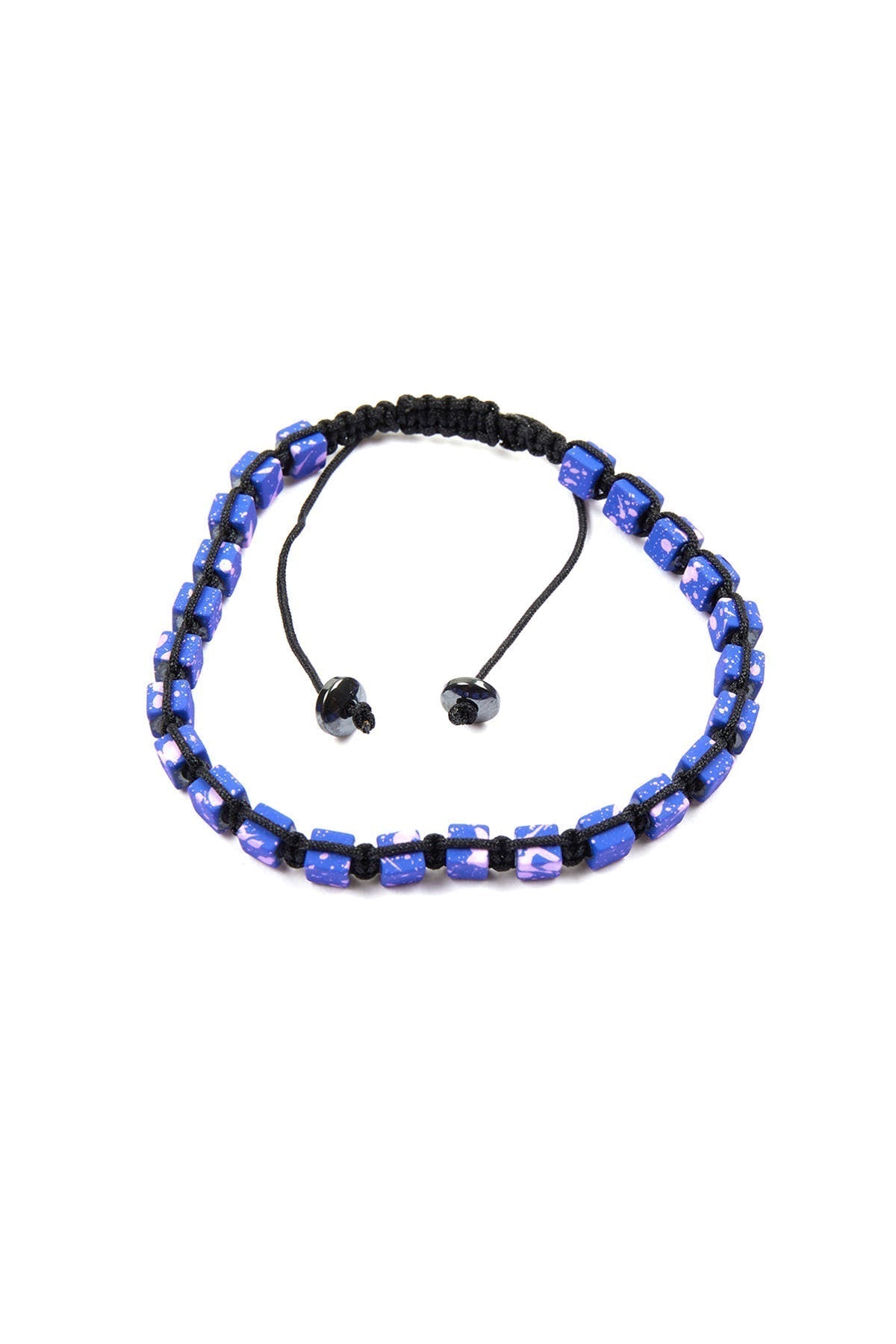 Blue faceted bead bracelet with black cord and adjustable sliding knots.