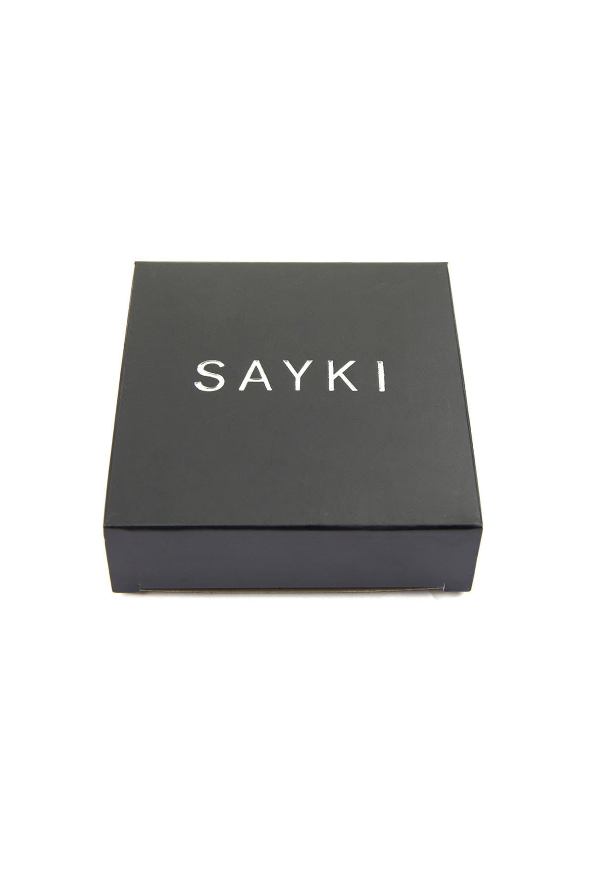 Black sayki brand gift box with minimalist silver lettering.