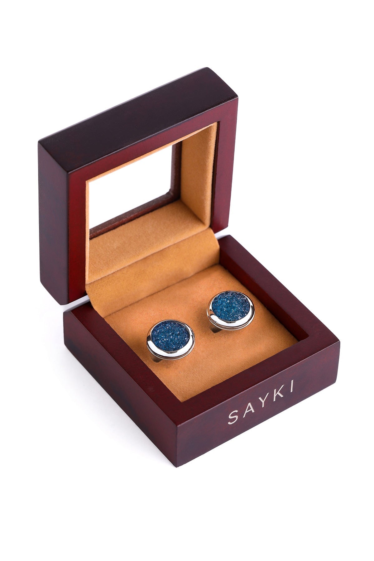 Blue Textured Natural Stone Round Cufflinks - SAYKI