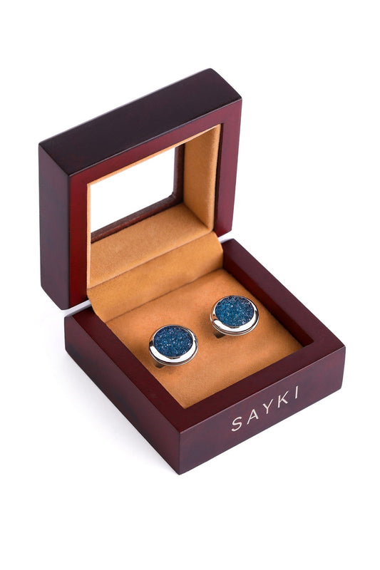 Blue Textured Natural Stone Round Cufflinks SAYKI