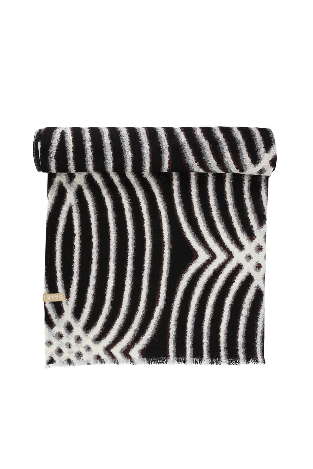 Black and white striped scarf with a geometric pattern, featuring frayed edges.
