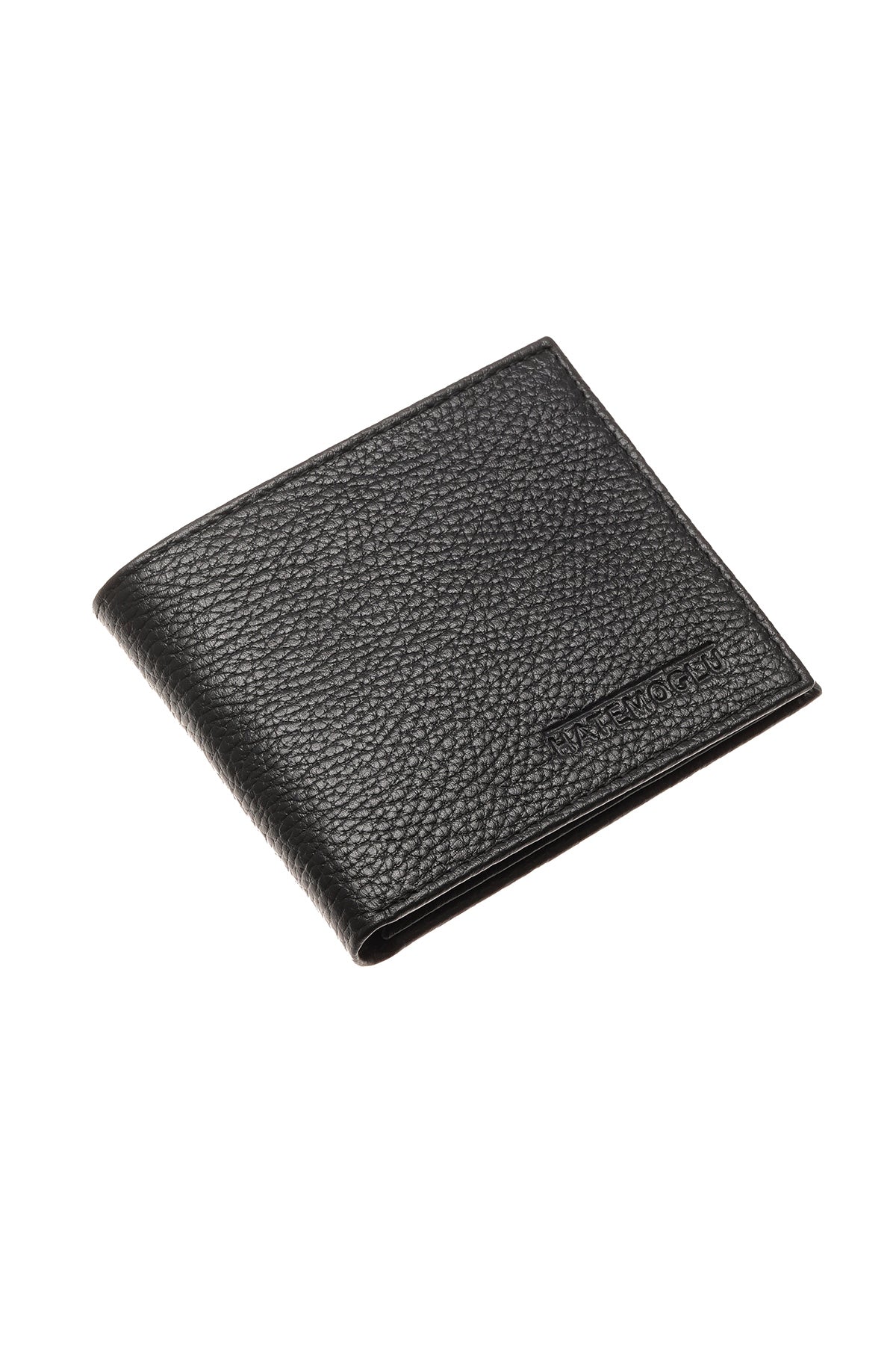 Black textured leather wallet with embossed brand logo.
