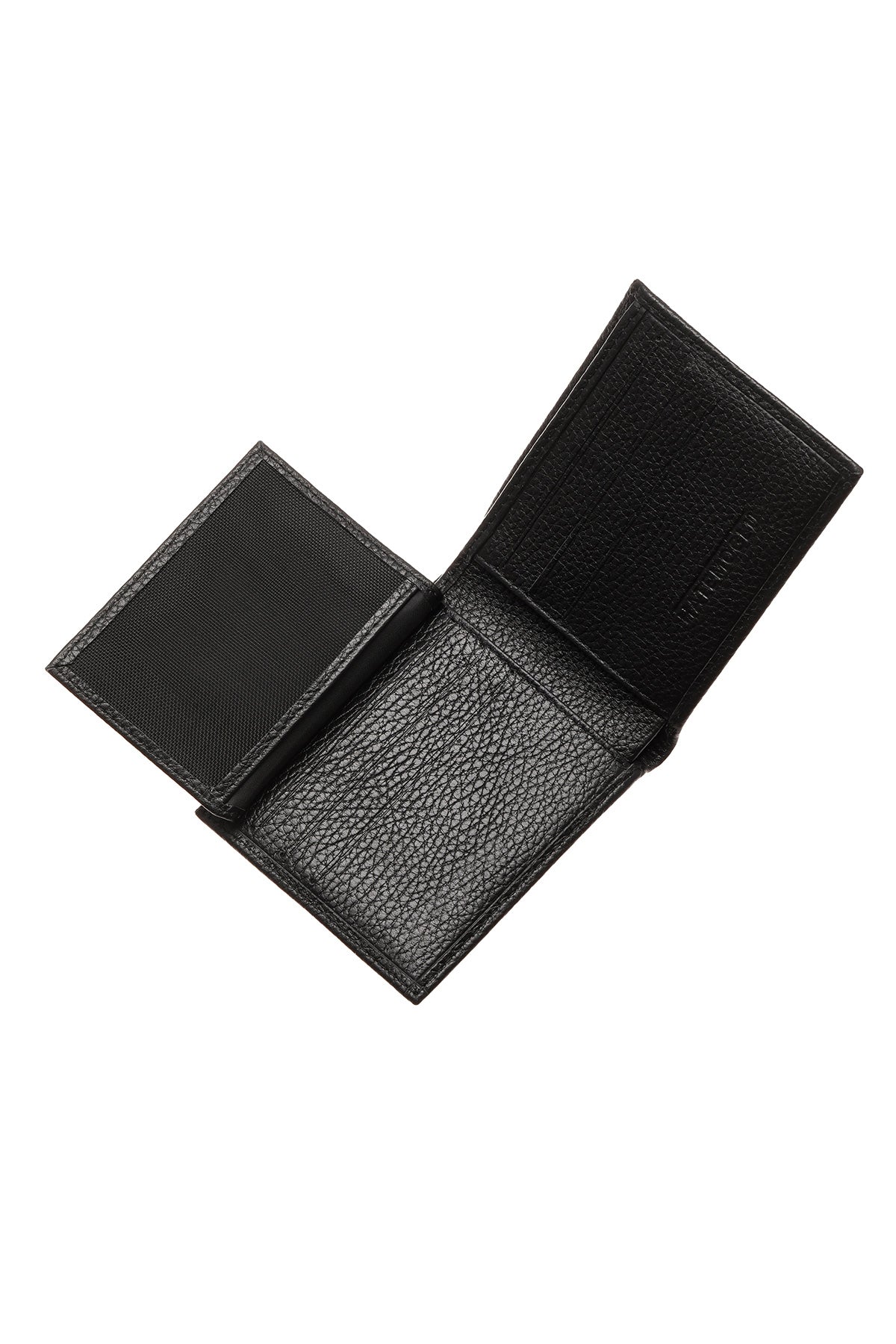 Black textured leather wallet with a mesh insert and embossed branding.