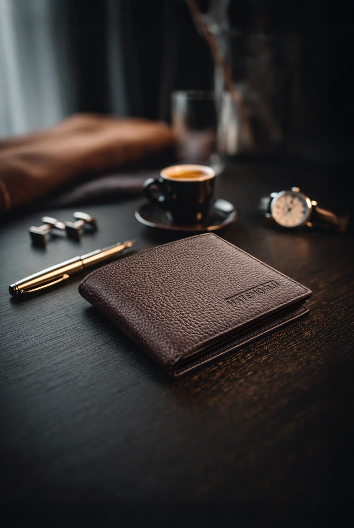 Brown wallet made of genuine leather brown with textured surface and embossed brand name for everyday use