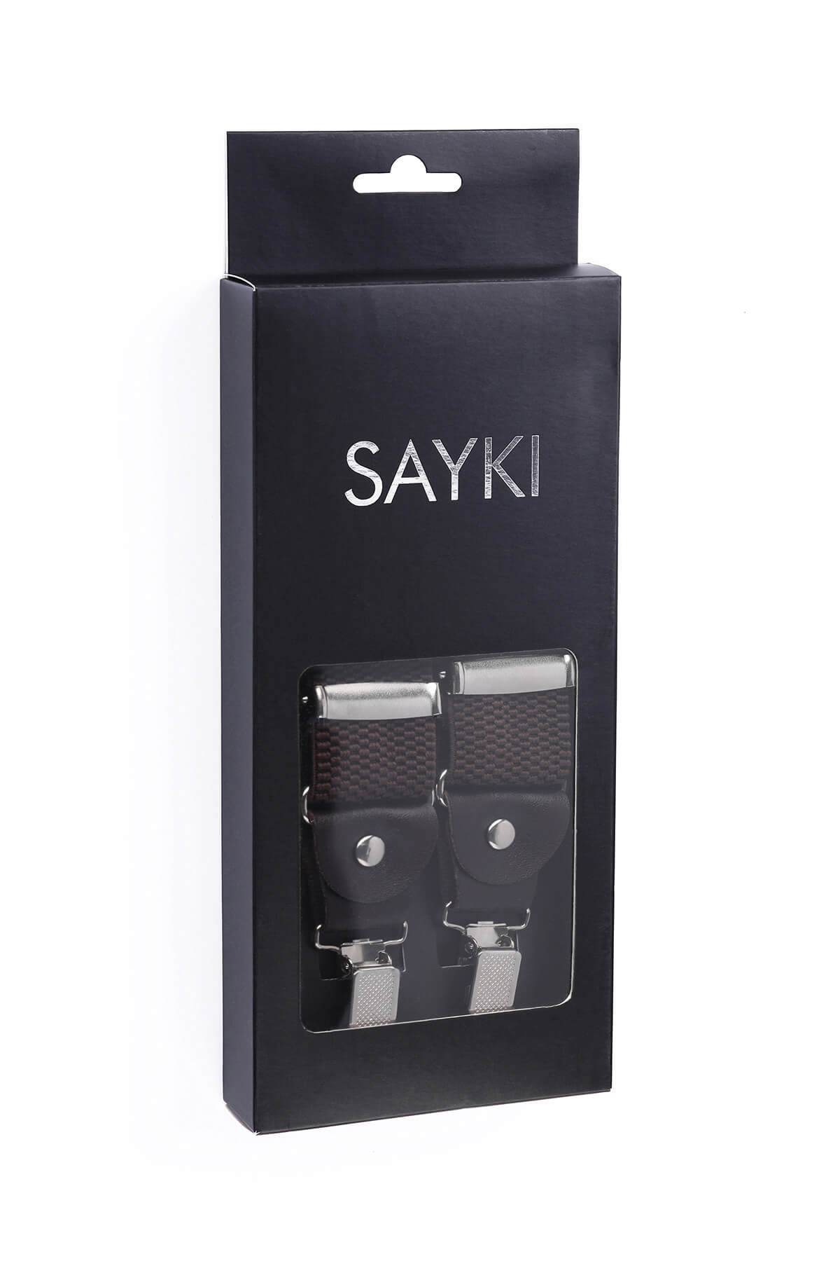 Black sayki suspenders with a textured fabric and silver-toned metal clasps.