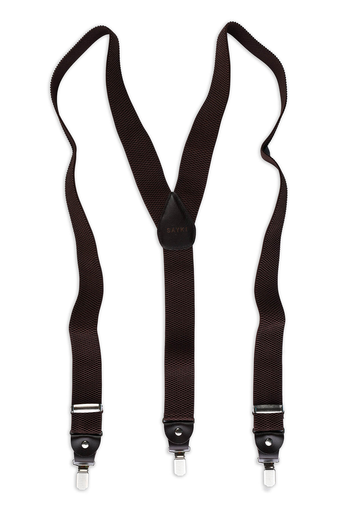 Black woven fabric suspenders with a y-shaped design, featuring silver-toned metal clasps and a central black leather patch.