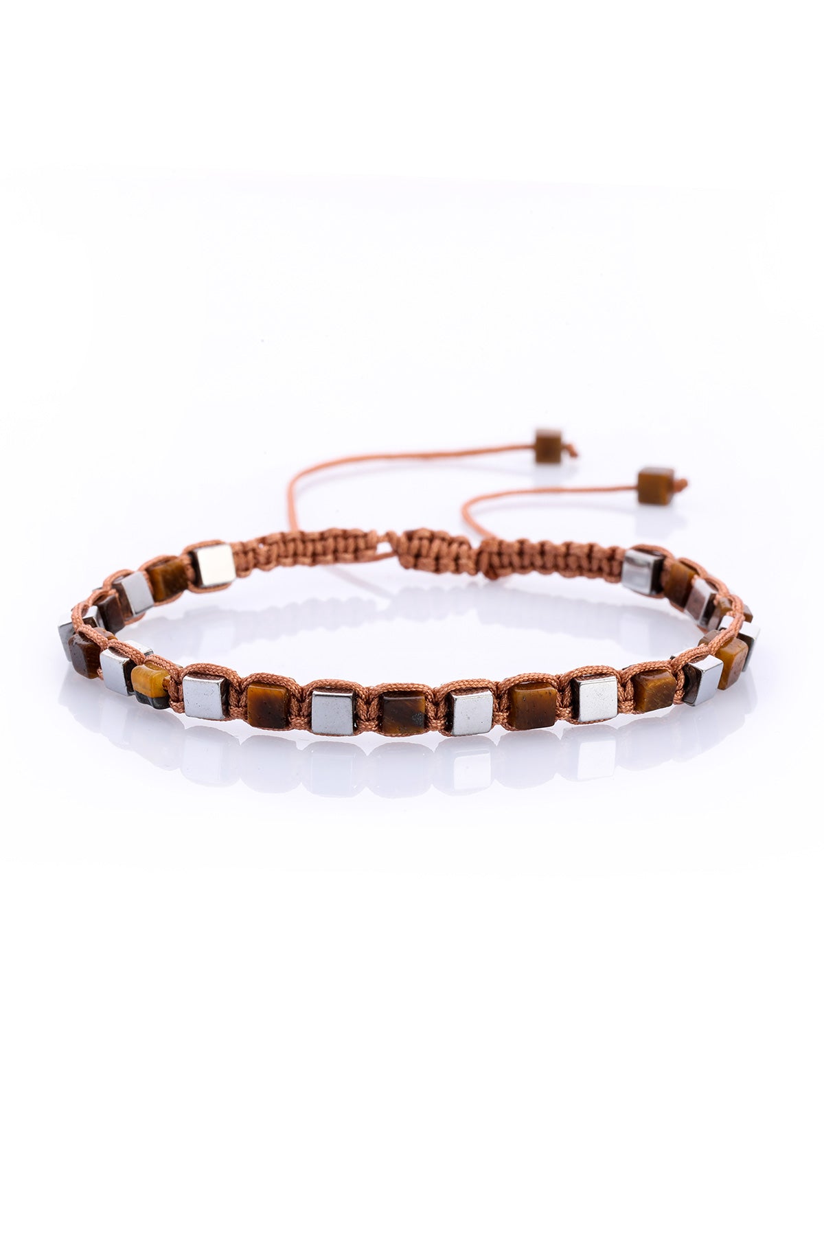 Brown and silver square-beaded macrame bracelet with adjustable cord ends.