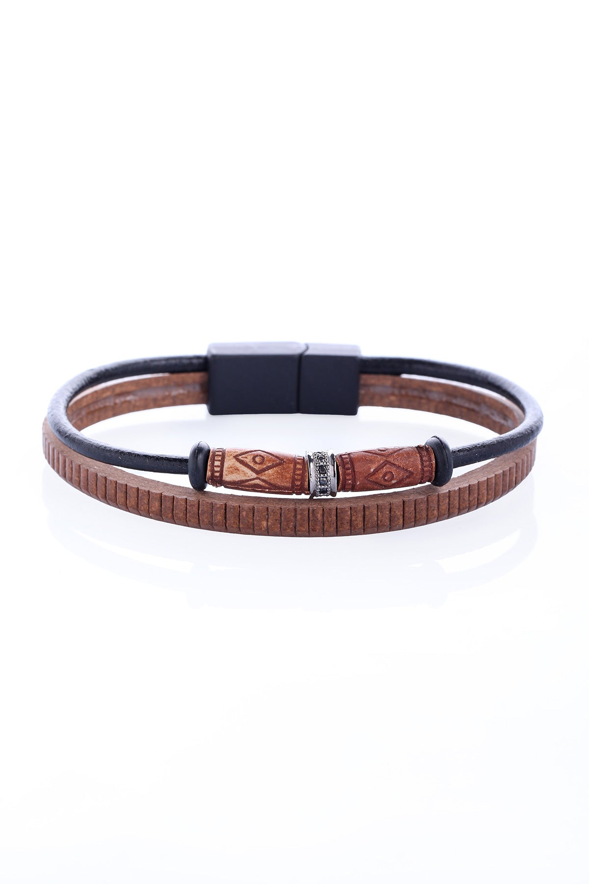 Brown leather bracelet with black magnetic clasp and silver-toned accent bead.