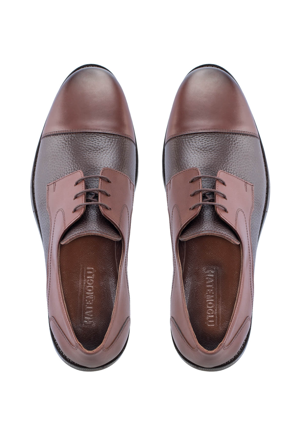 Brown and dark brown two-tone leather dress shoes with a cap toe design.