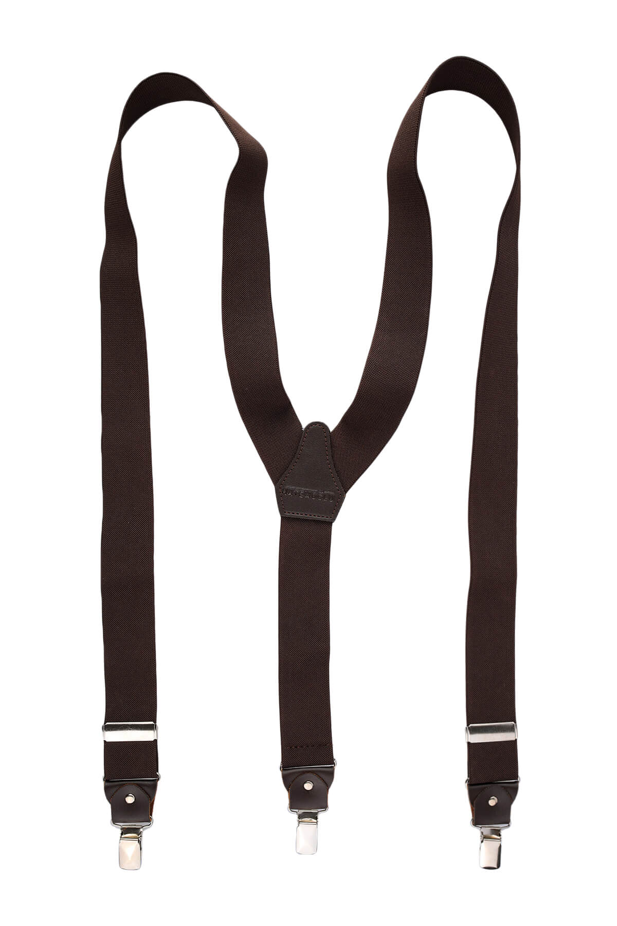 Brown leather trim clip suspenders with dark brown fabric and silver-toned metal clasps in a y-shaped back design